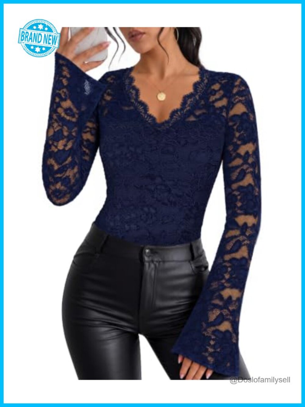Womens Lace Bell Sleeve Blouse V Neck Dressy Top